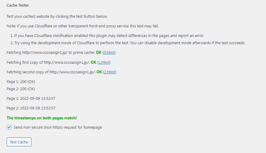 WP Super Cache plugin-test cache