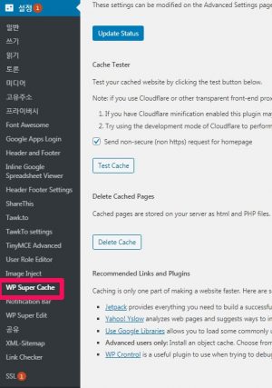 WP Super Cache plugin 메뉴