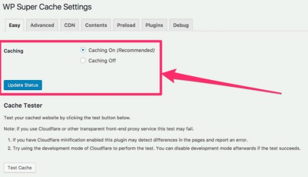 WP Super Cache setting