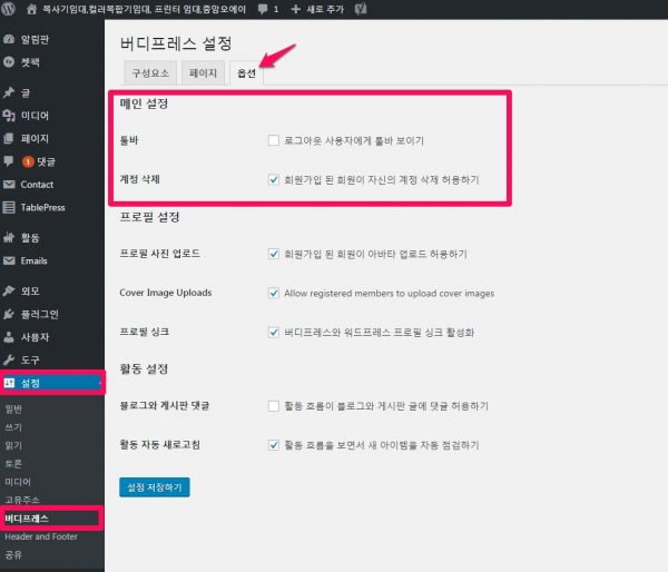 버디프레스 설정_옵션