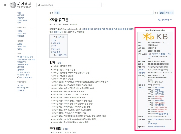 KB금융그룹의 위키백과 검색결과