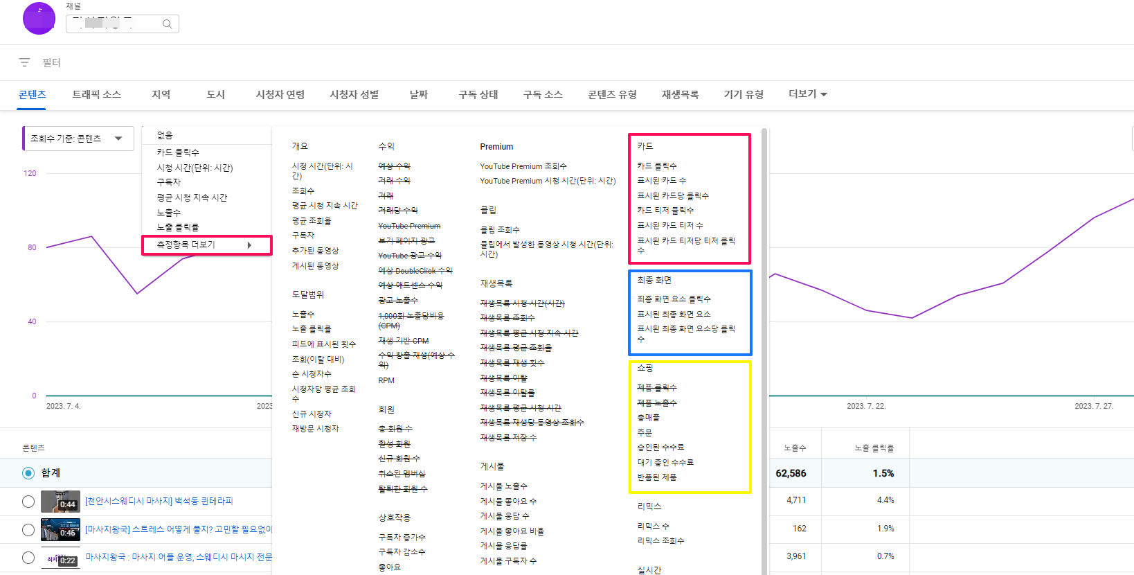 유튜브 통계중 측정항목더보기