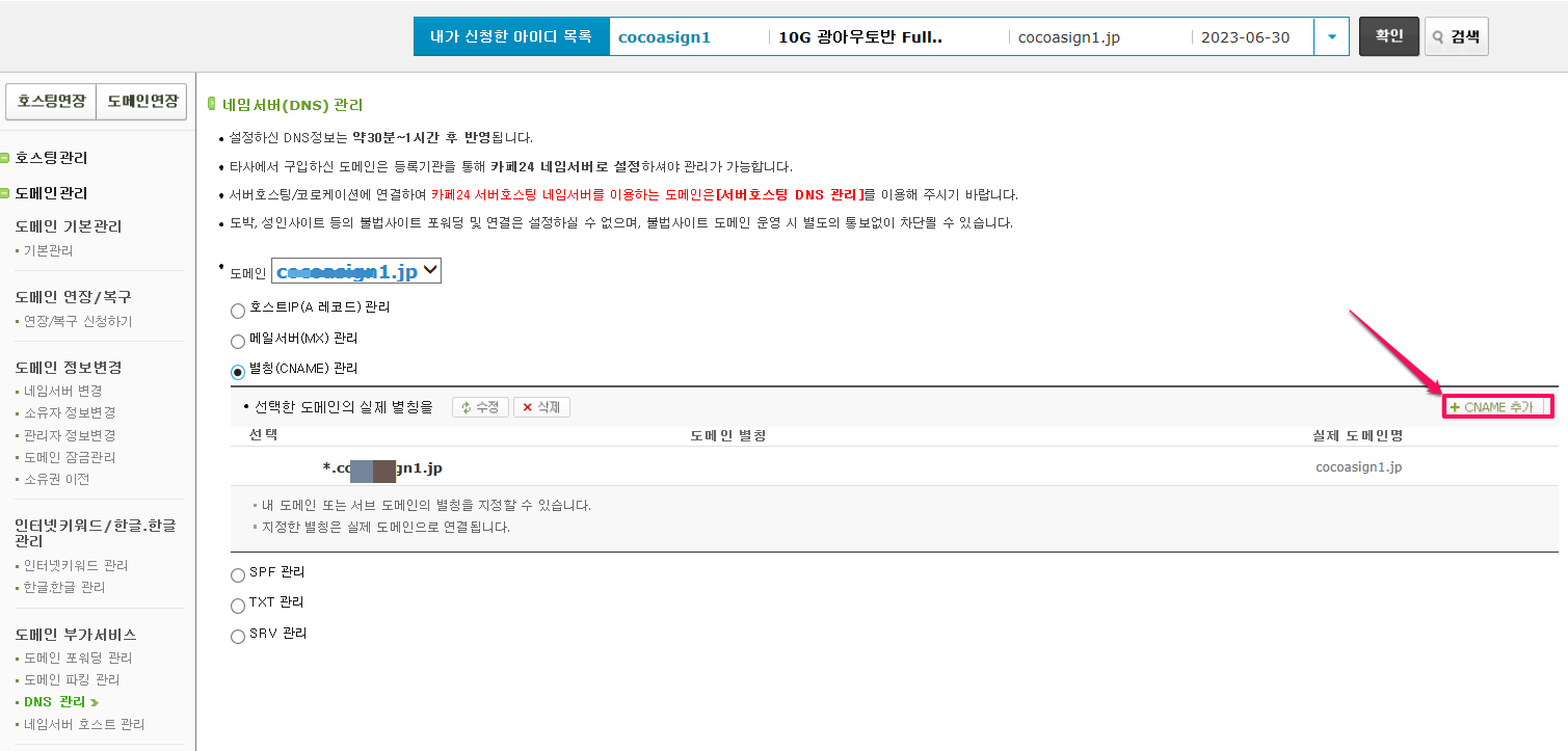 카페24호스팅-도메인관리-도메인부가서비스-DNS관리-3
