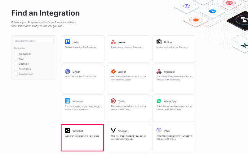 botpress-find the integration you need-웹쳇선택
