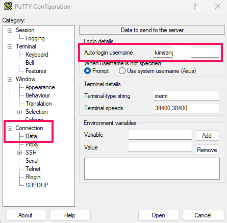 PuTTY 설정-Connection-data
